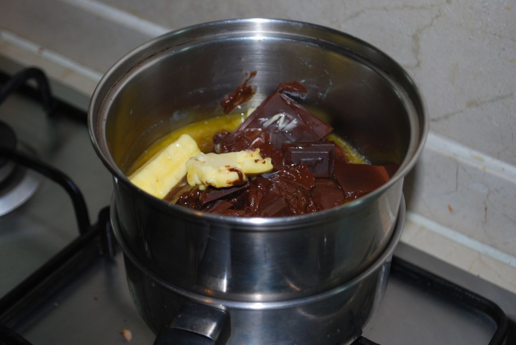 Melt butter and chocolate in a bain-marie
