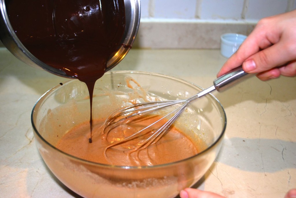 Add chocolate mixture to the egg mixture while stirring constantly
